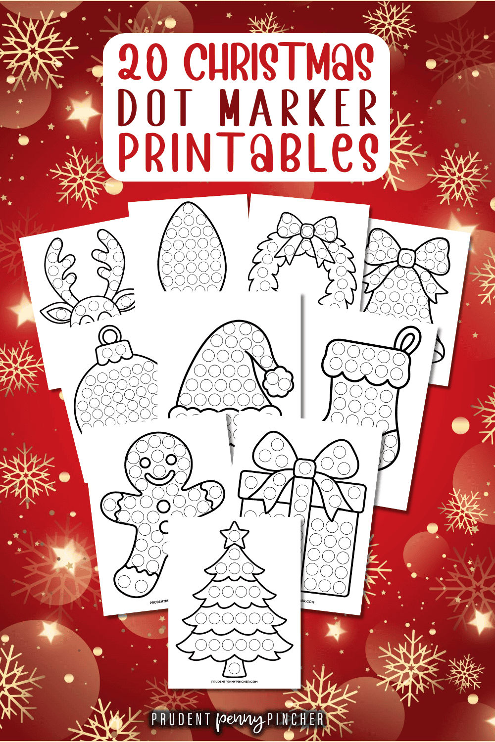 A collage of 20 free Christmas dot marker printables featuring a Christmas tree, gingerbread man, reindeer, ornament, wreath, stocking, Santa hat, gift, and other festive designs.