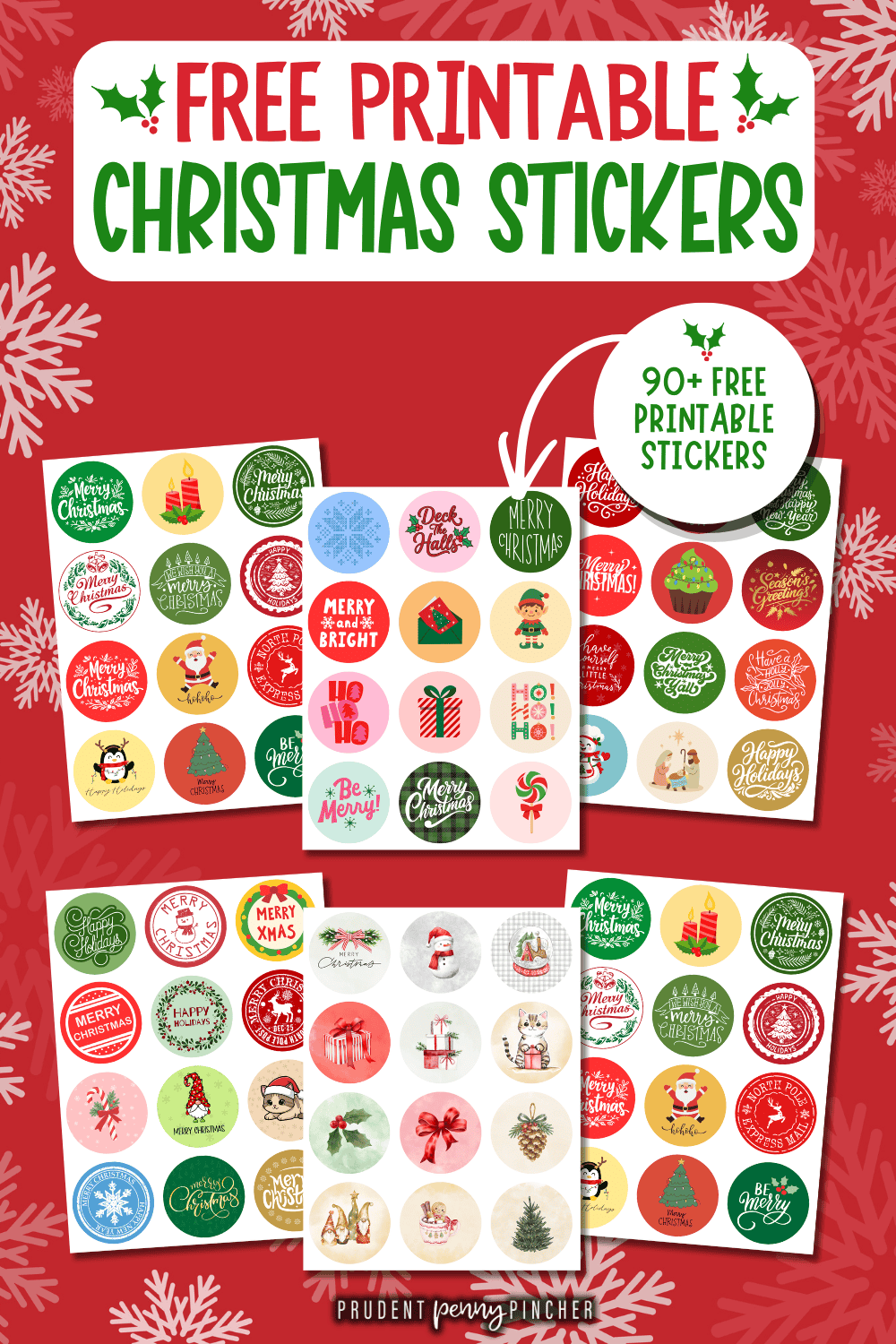 A collection of free printable Christmas stickers with festive sayings, Santa, Christmas trees, and holiday illustrations on a red snowflake background.