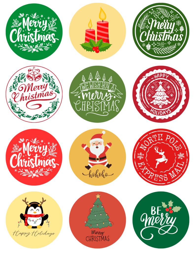 Round Christmas stickers with Santa, candles, a Christmas tree, penguin, reindeer, and festive holiday greetings.
