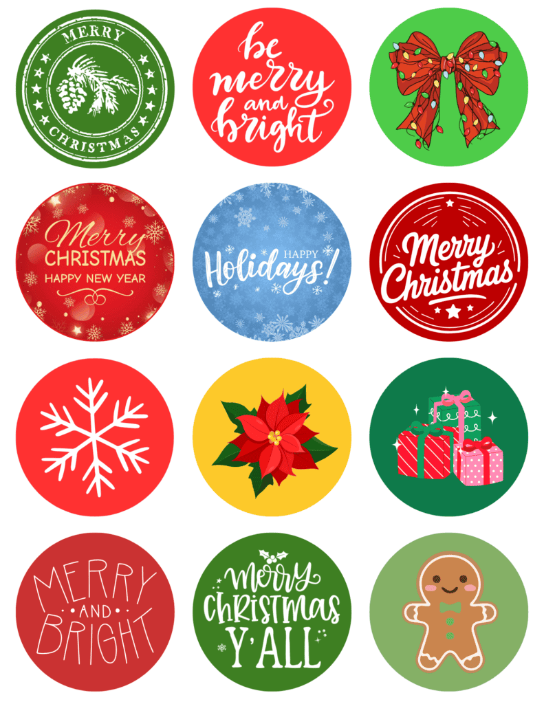 Christmas sticker sheet with a gingerbread man, poinsettia, snowflake, presents, holiday bow, and Christmas sayings.