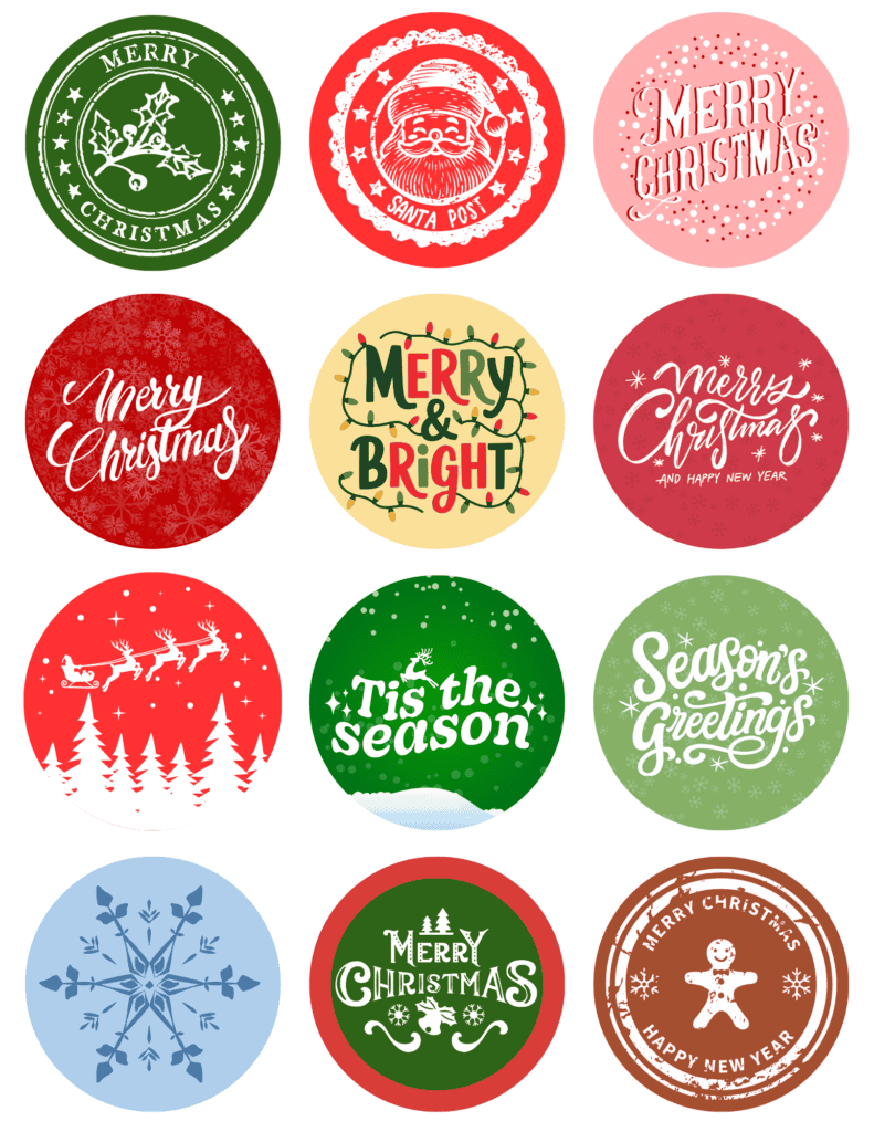 Vintage-style stickers featuring Santa, a reindeer sleigh, snowflakes, nostalgic holiday seals, and festive lettering.