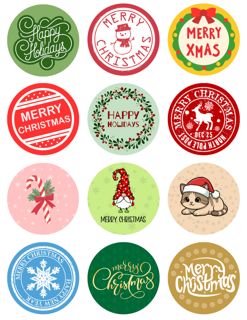 Round holiday stickers with Christmas greetings, a snowman, wreaths, a cute cat, and colorful festive designs.