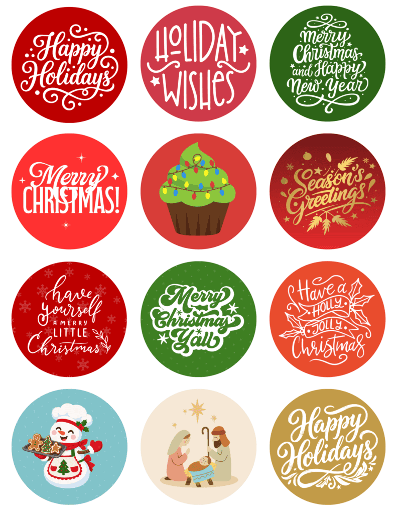 stickers featuring holiday sayings, a cupcake, snowman, nativity scene, and red and green designs.