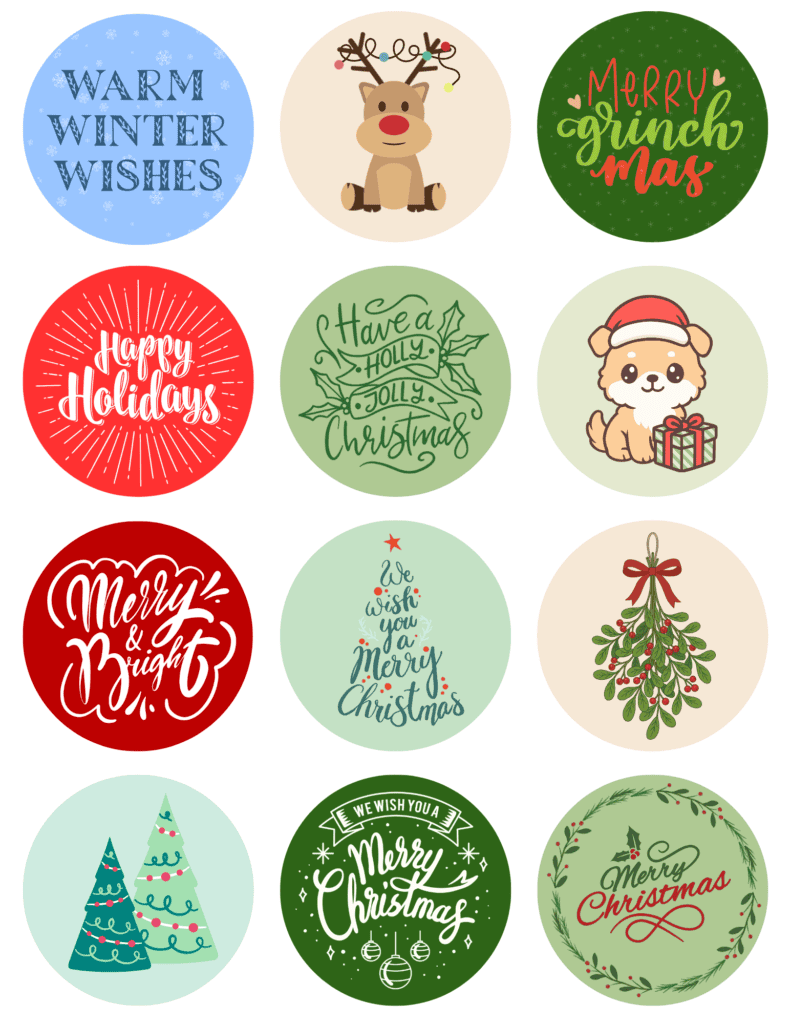 stickers with a reindeer, puppy, Christmas trees, mistletoe, and festive seasonal greetings.