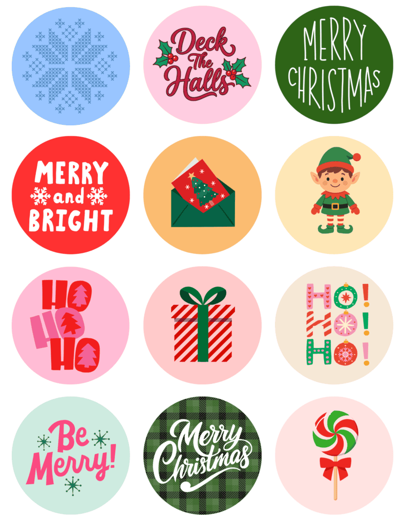 Colorful Christmas sticker sheet with snowflakes, an elf, presents, candy, Christmas lettering, and cheerful holiday sayings.
