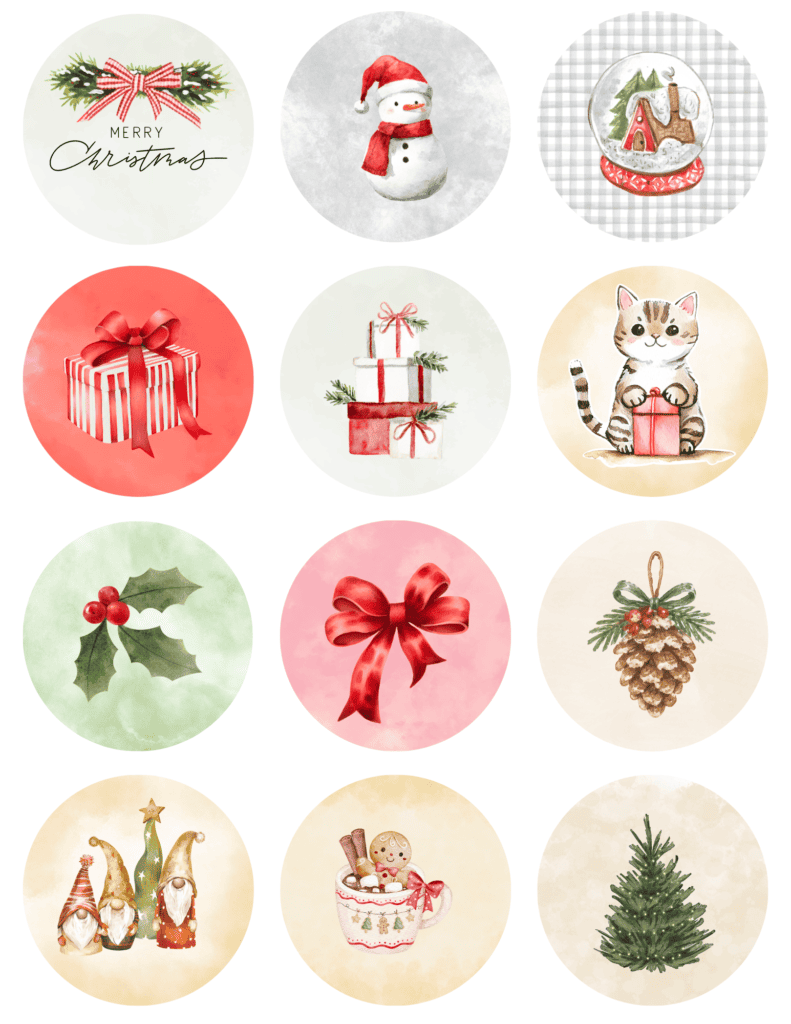 Watercolor Christmas stickers featuring a snowman, snow globe, Christmas kitten, wrapped presents, holly, and winter greenery.
