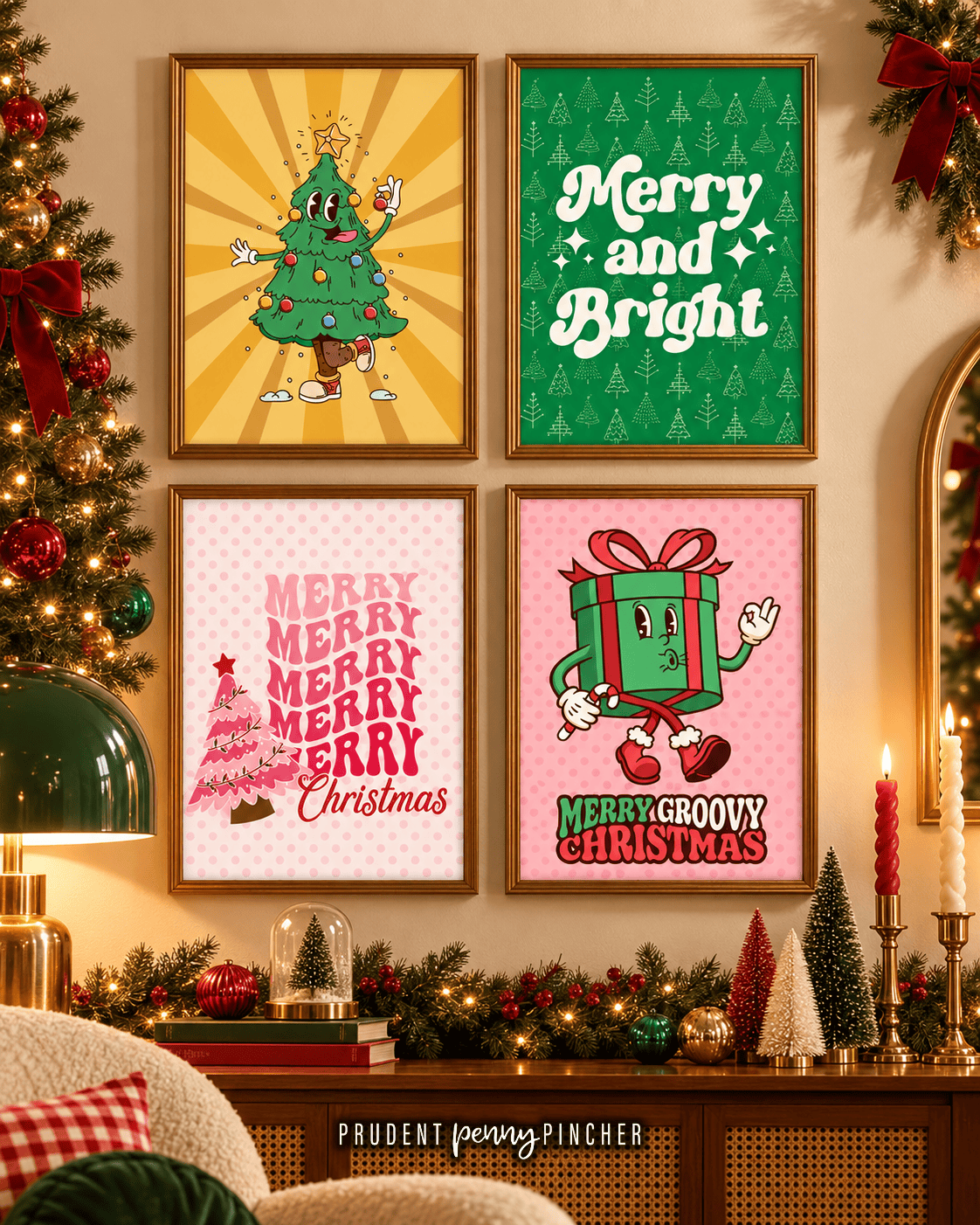 Retro Christmas wall art gallery with four framed holiday prints displayed above a decorated mid-century style console table.