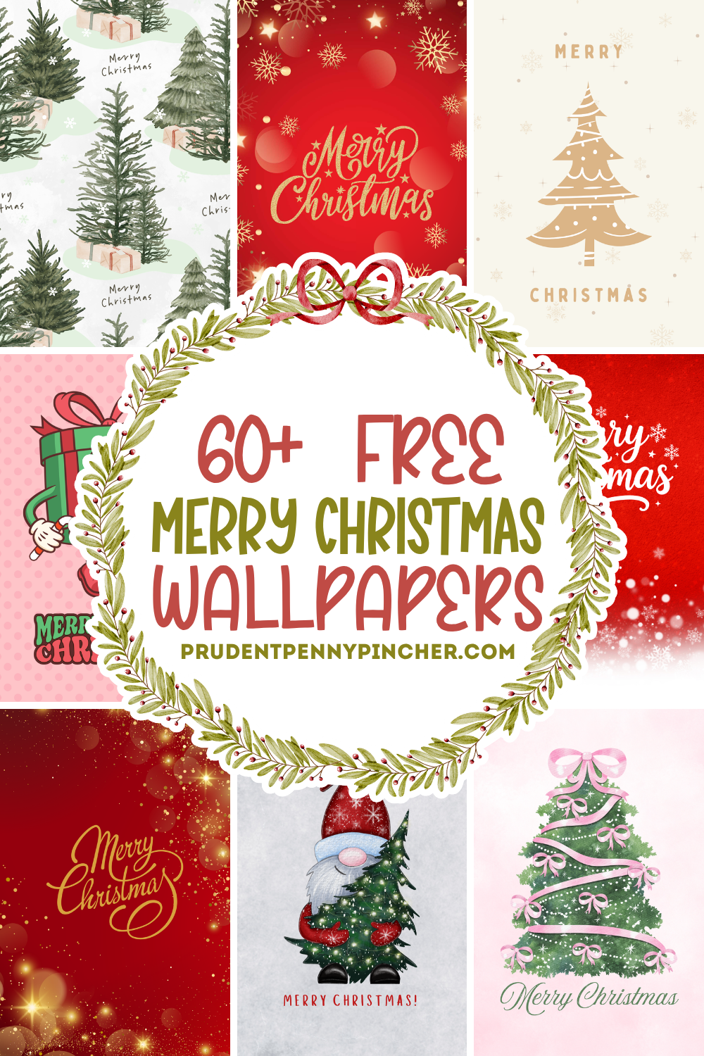collage of Merry Christmas wallpapers for iPhone and Android, with festive Christmas trees, snowflakes, a holiday gnome, and red, green, and pink phone backgrounds.