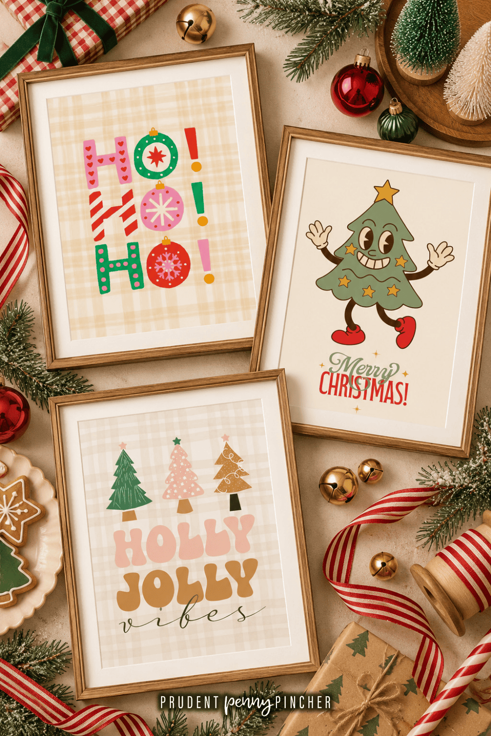 Flat lay of three framed retro Christmas prints with vintage-style holiday decor, ornaments, greenery, and ribbon