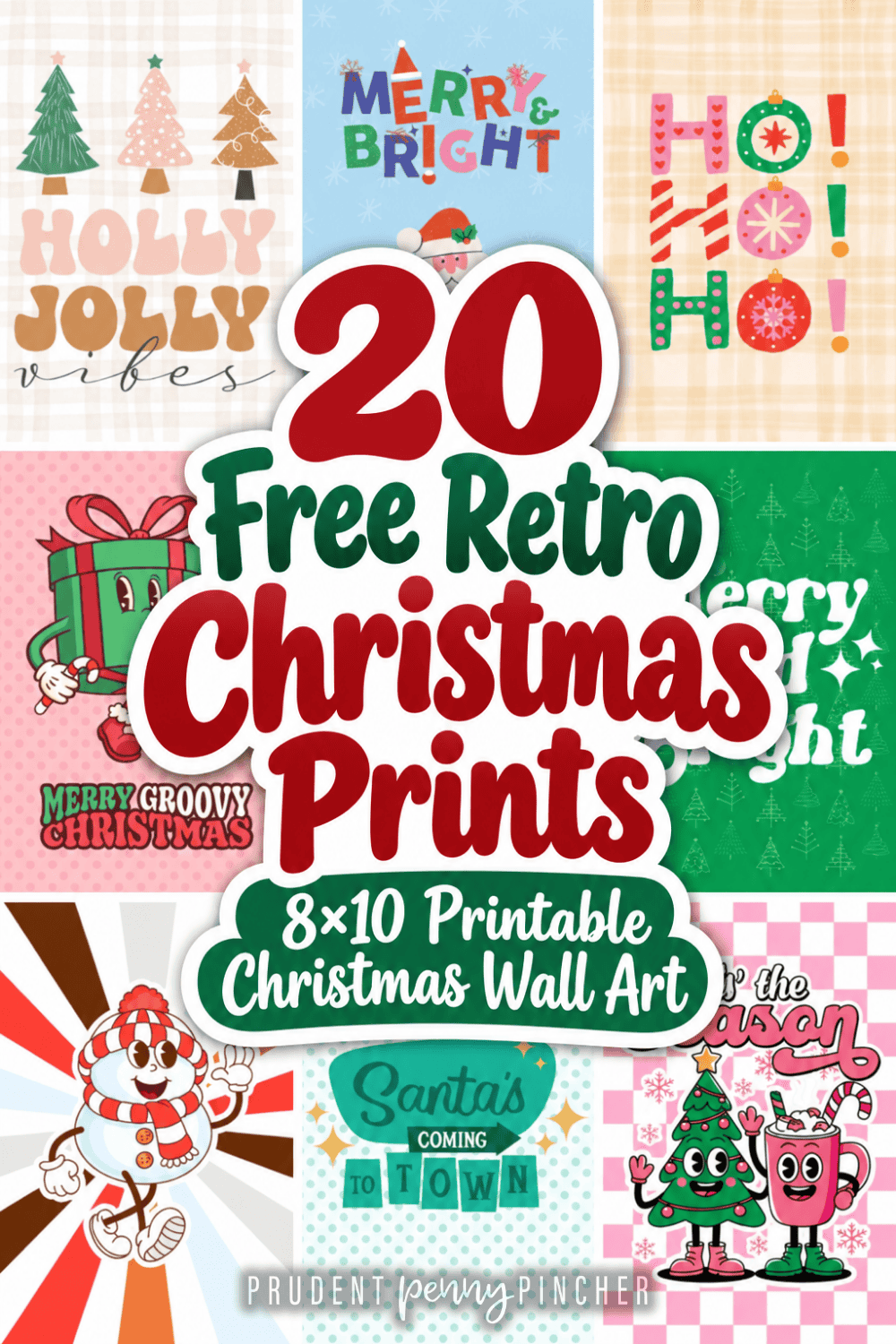 A collage of colorful retro Christmas prints with groovy holiday illustrations.