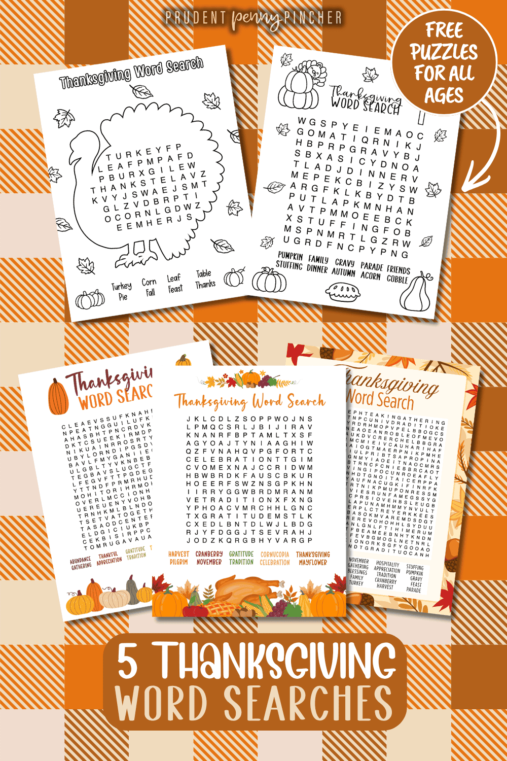 5 free Thanksgiving word search printables for kids, teens, and adults with easy, medium, hard, harder, and expert puzzles