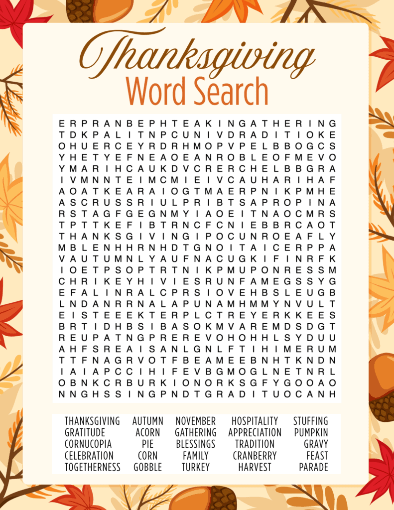 Expert Thanksgiving word search printable for teens and adults