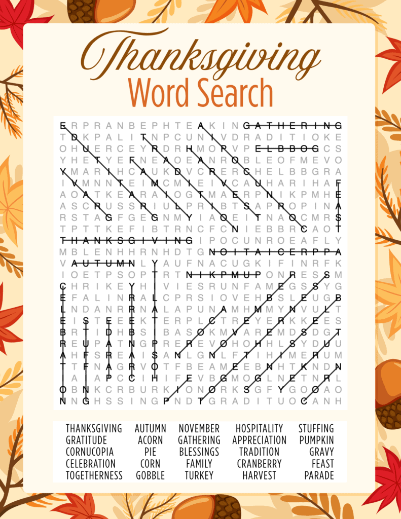 answer key showing all 25 Thanksgiving words in the completed puzzle