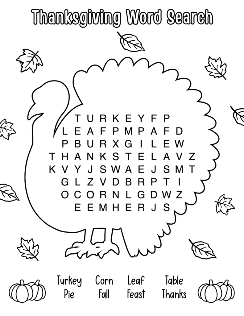 word search printable for kids with turkey coloring page