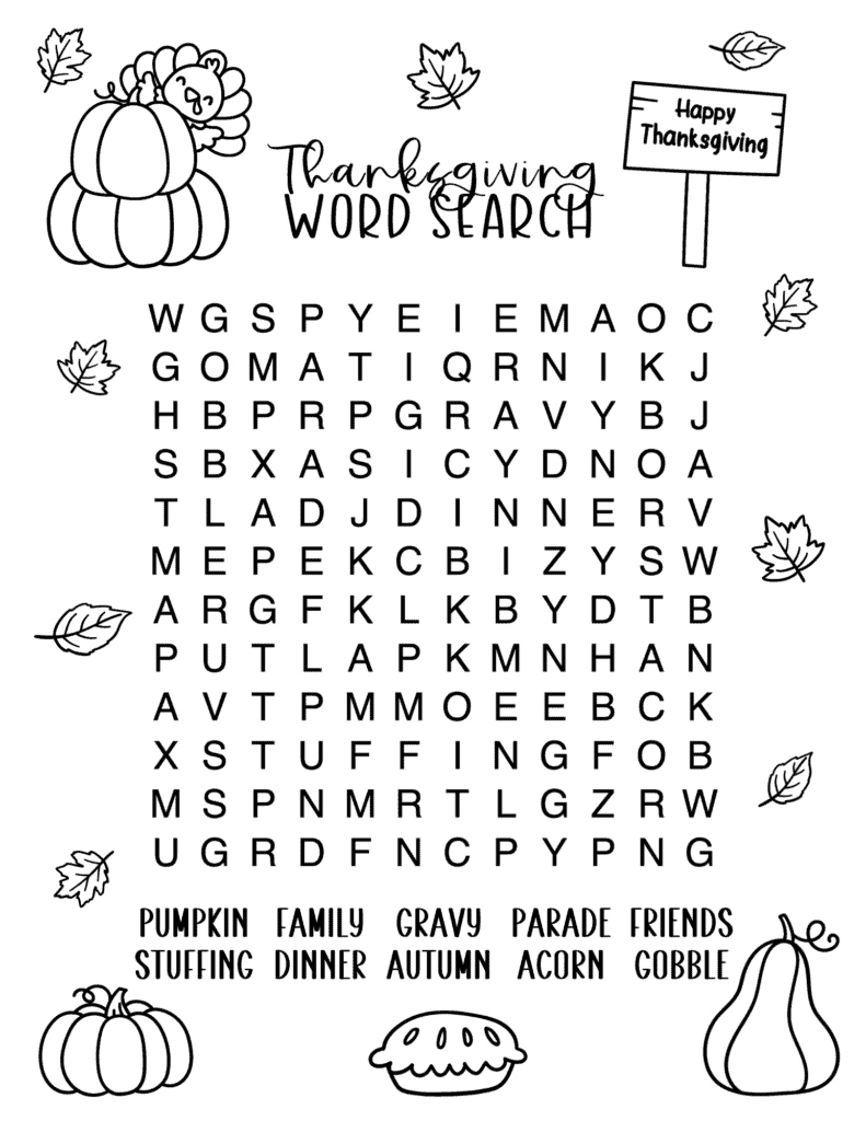 Medium Thanksgiving word search printable for kids with fall coloring illustrations and ten words