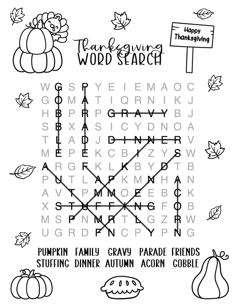 Medium Thanksgiving word search with Thanksgiving words highlighted in the puzzle