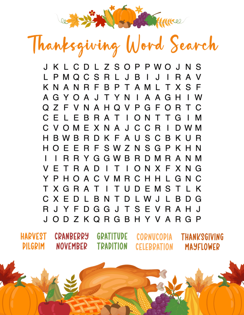 Hard Thanksgiving word search printable with colorful fall illustrations