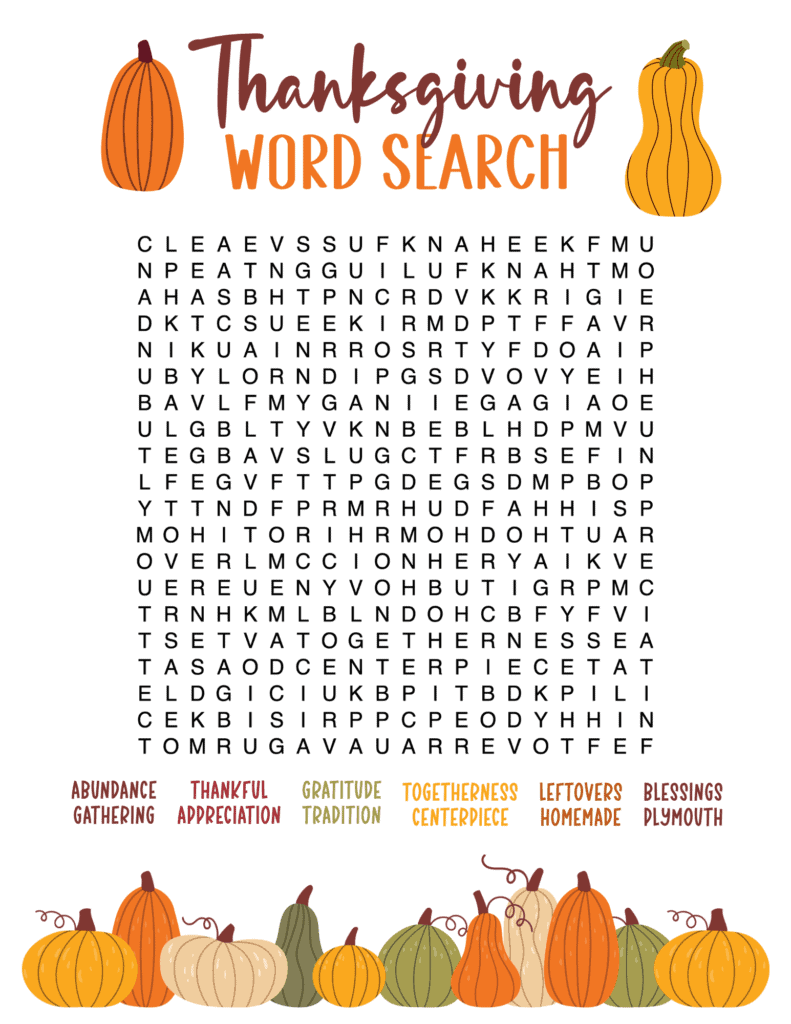 Harder Thanksgiving word search printable with colorful pumpkins and twelve Thanksgiving words